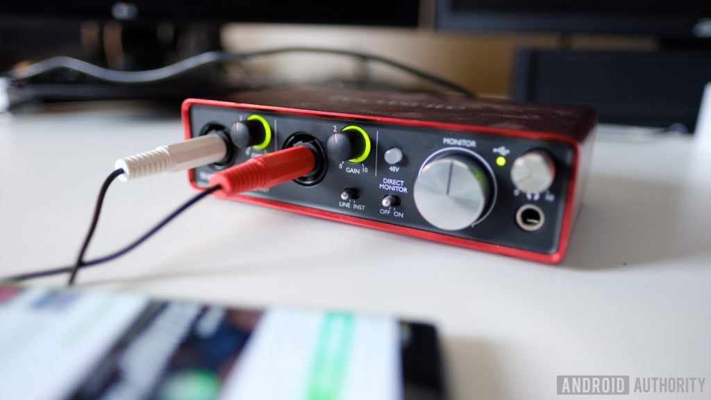 A photo of the Scarlett 2i2 audio interface, which SoundGuys used to test current phones' headphone jacks and dongles.