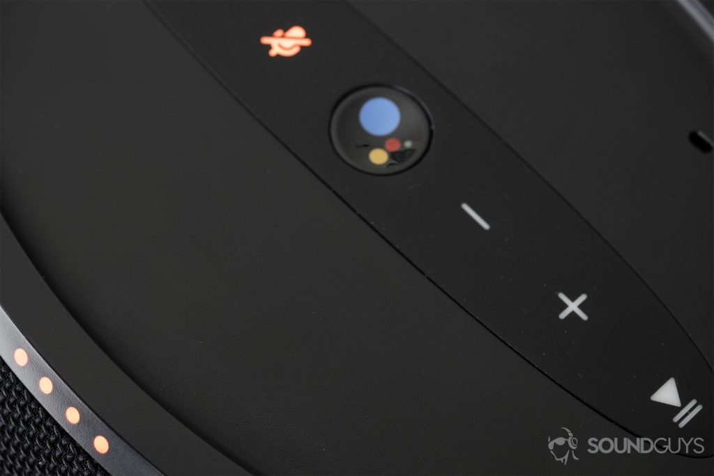 JBL Link 300 Google Assistant-integrated smart speaker: A close up shot of the LED indicators turned orange after toggling voice recognition off.