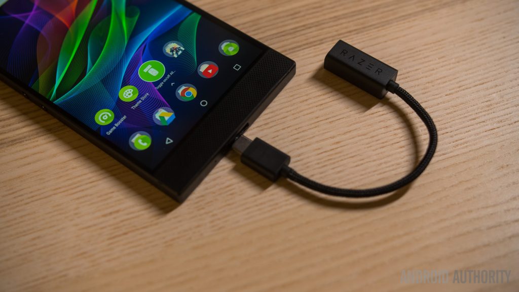 A photo of the Razer Phone and its dongle.