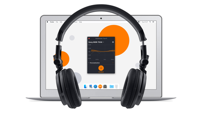 A manufacturer-supplied render of headphones, the SonarWorks True-Fi app, and a computer.