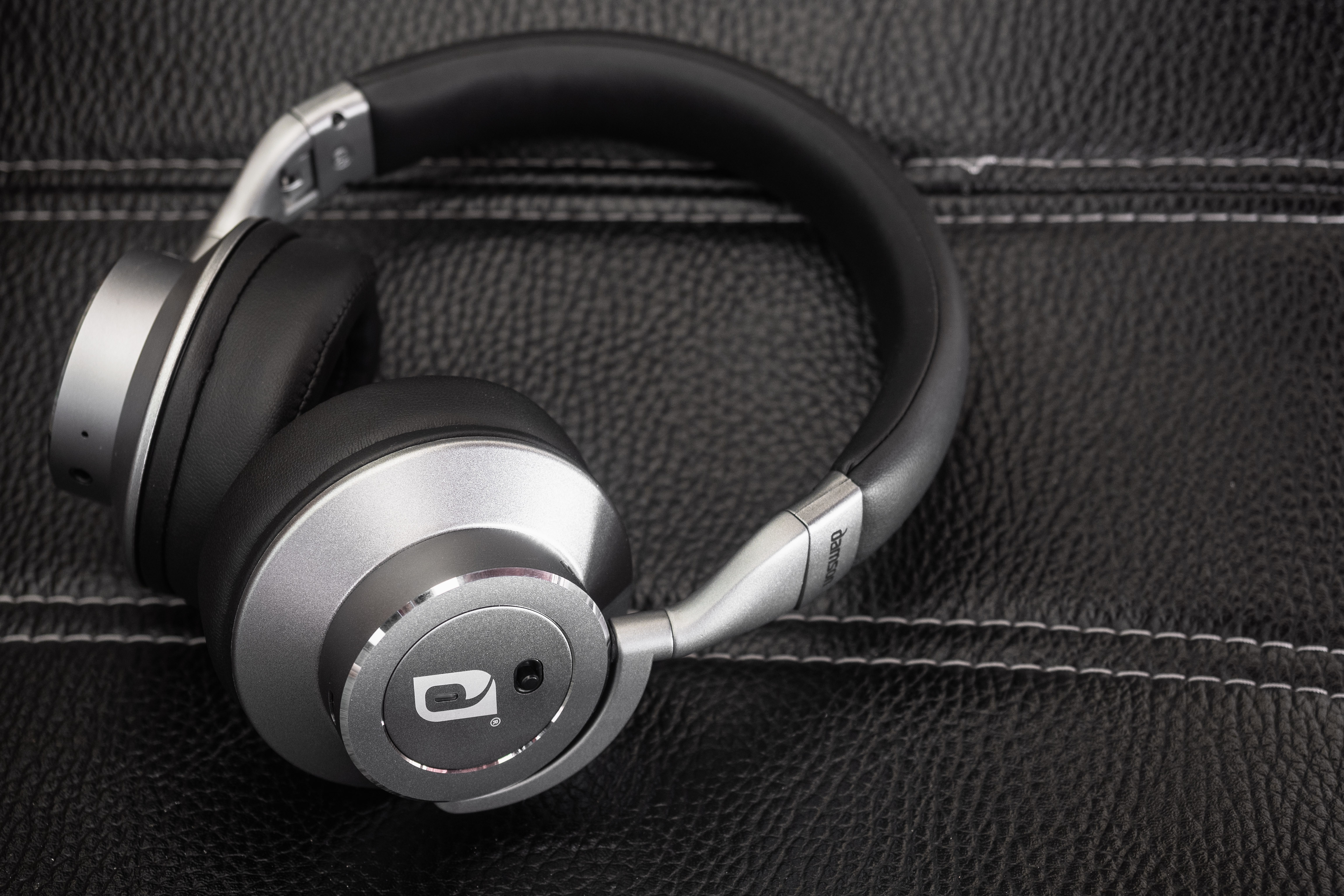 Damson HeadSpace Active Noise-Canceling review: The headphones on a black leather background