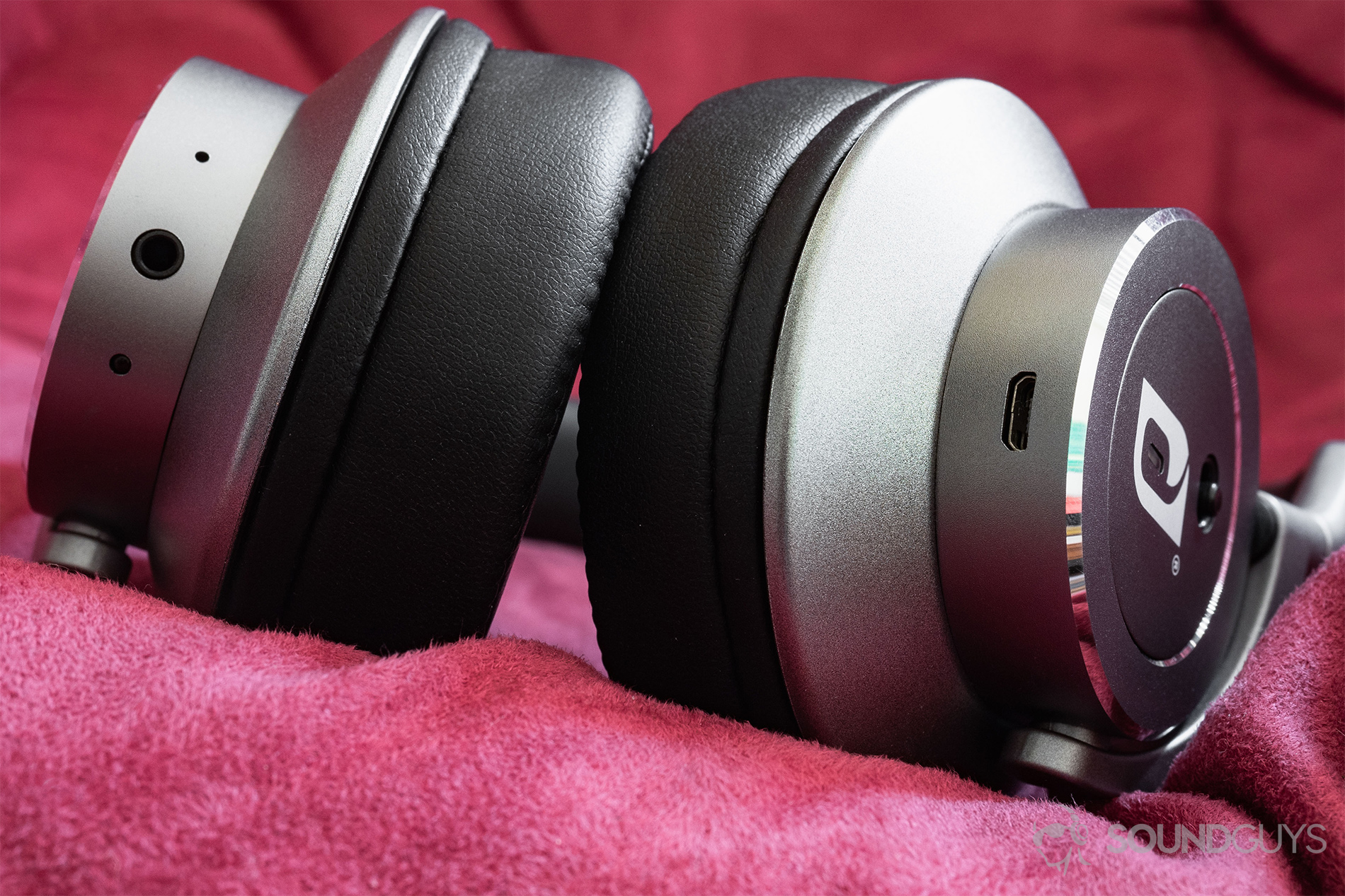 Damson HeadSpace Active Noise-Canceling review: A shot of the inputs of the headphones (auxiliary and micro-USB).