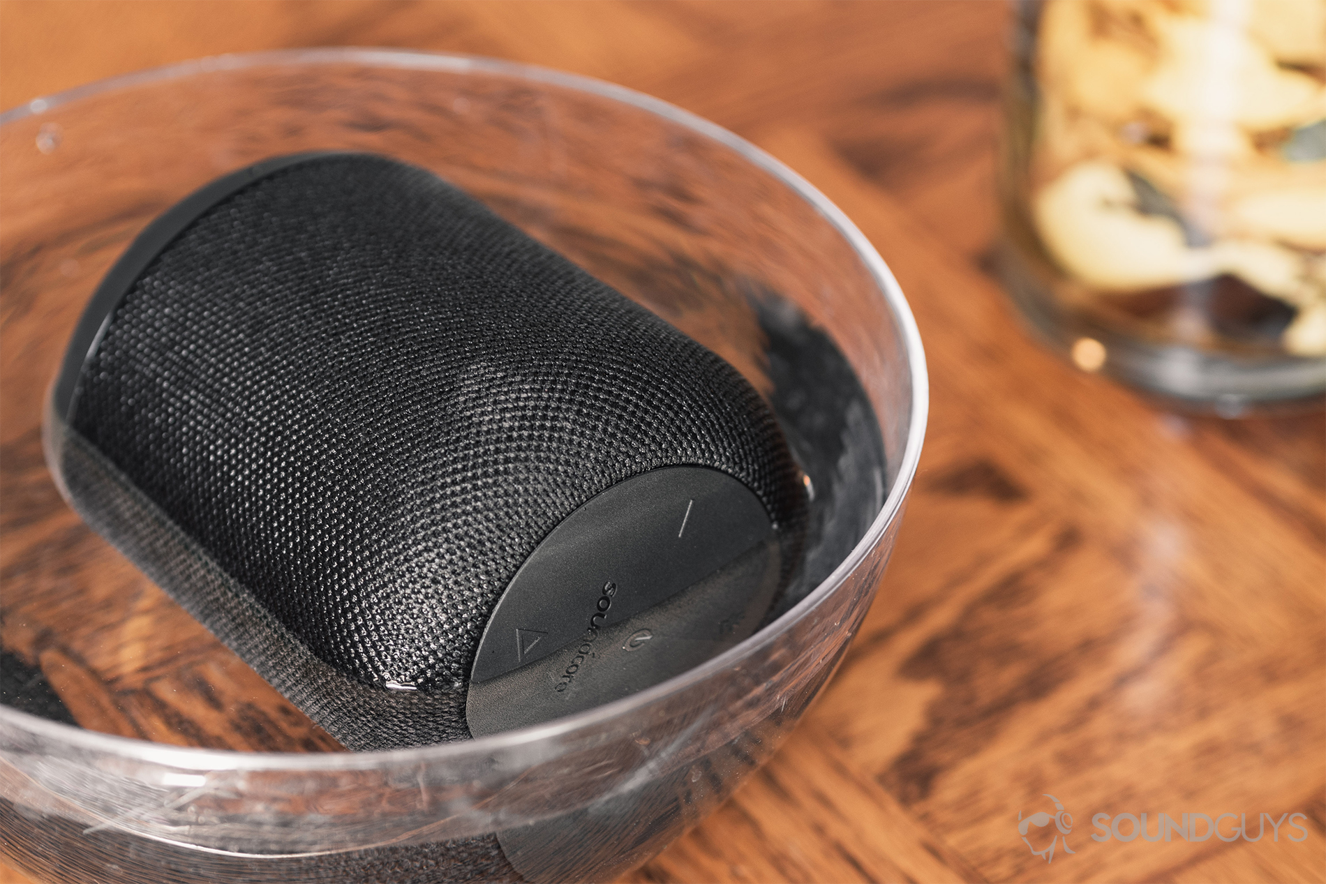 Anker Soundcore Motion Q review: The speaker submerged in a bowl of water.