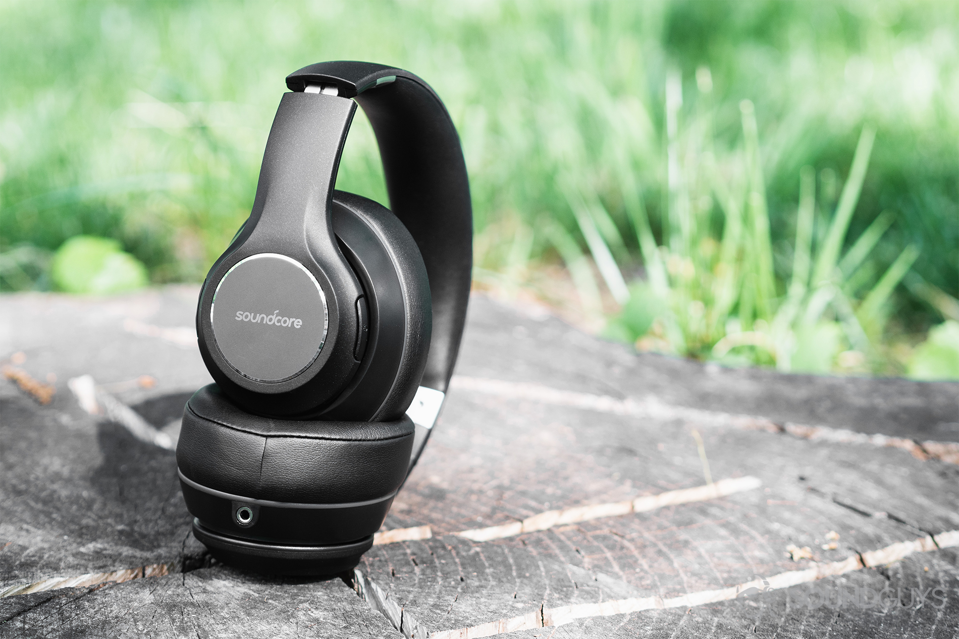 Anker Soundcore Vortex review: The headphones offset to the left on a carved tree stump with a lush, green grass background.
