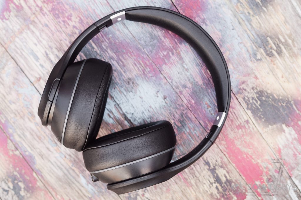 Anker Soundcore Vortex review: A top-down shot of the headphones on a painted barrel.