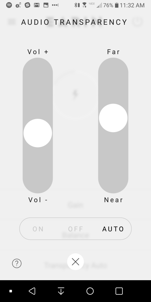 Earin M-2 review: A screenshot of the app's audio transparency setting.