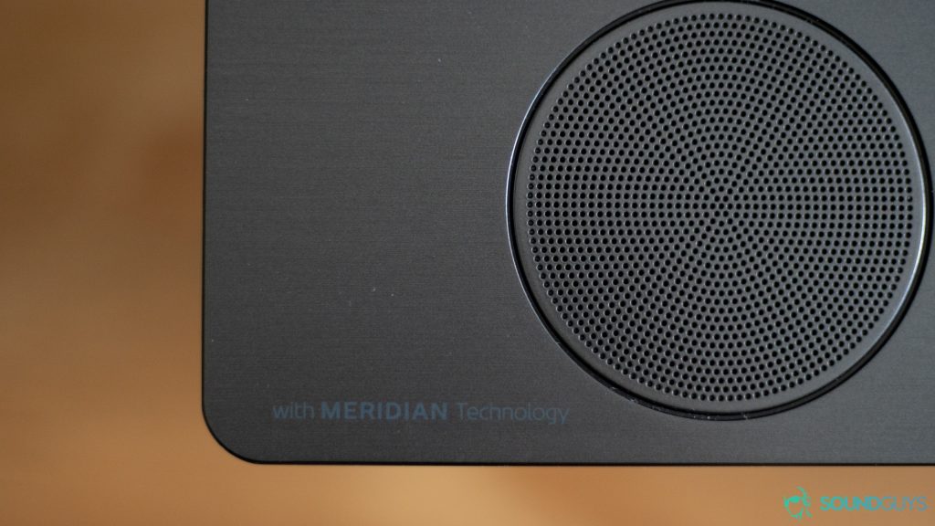 Best cheap soundbars: the Meridian Technology logo on the LG SK10Y