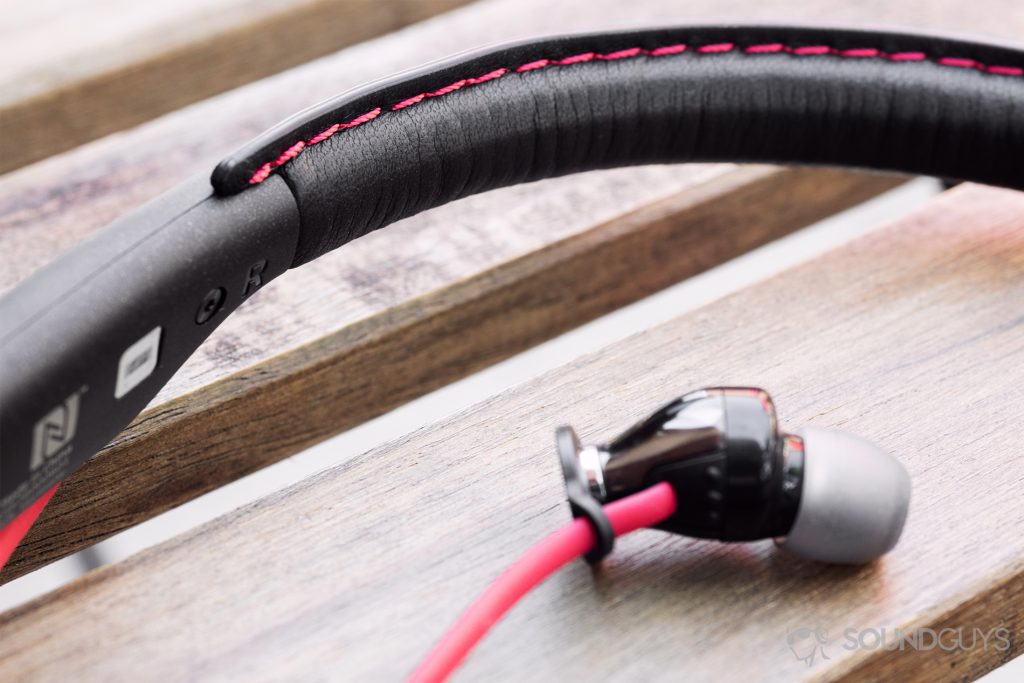Sennheiser HD1 In-Ear Wireless: A close-up of the neckband to showcase the sheepskin leather and stitching.