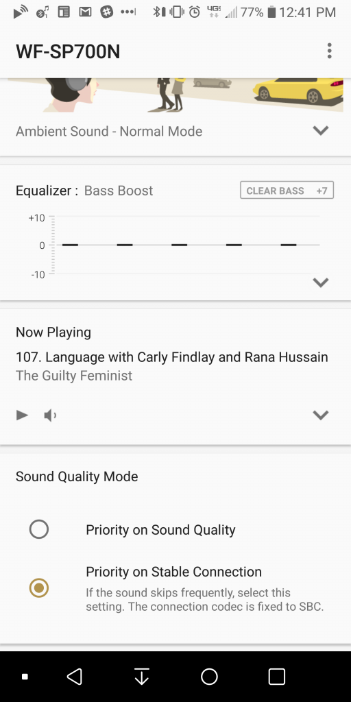 Sony WF-SP700N: A screenshot of the app's controls and interface.