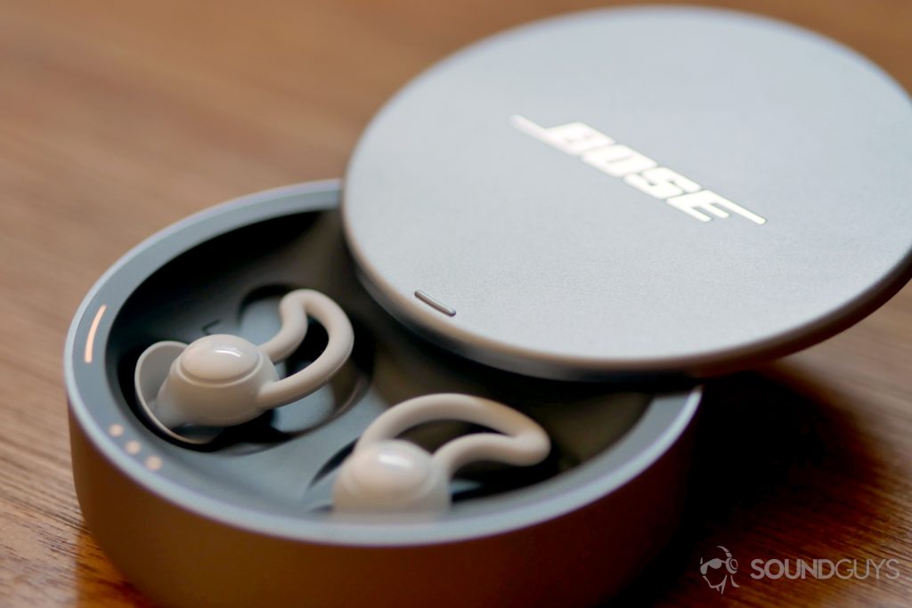 A photo of the Bose Sleepbuds in the included metal charging case.