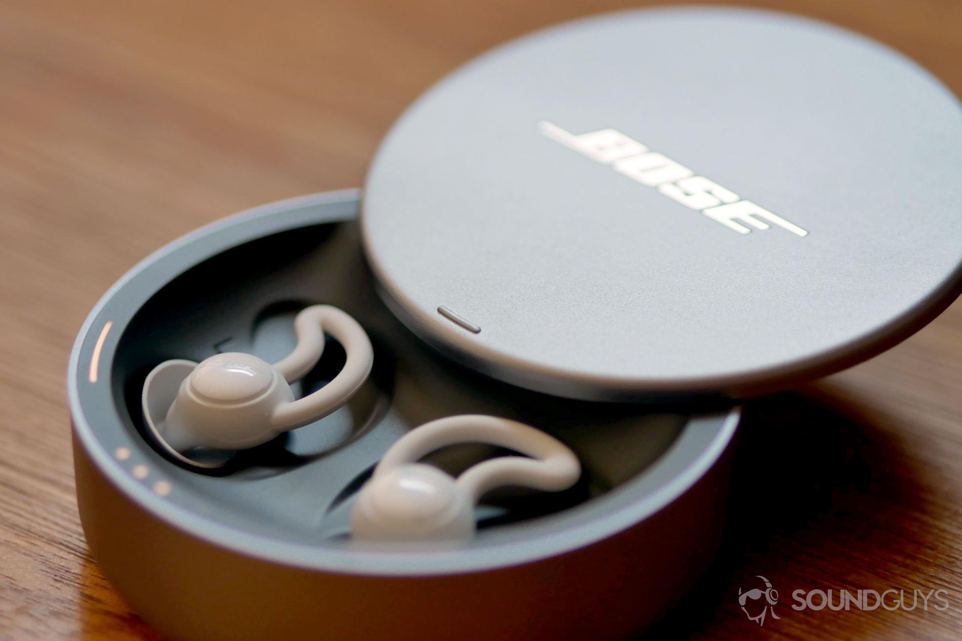 A photo of the Bose Sleepbuds in the included metal charging case.