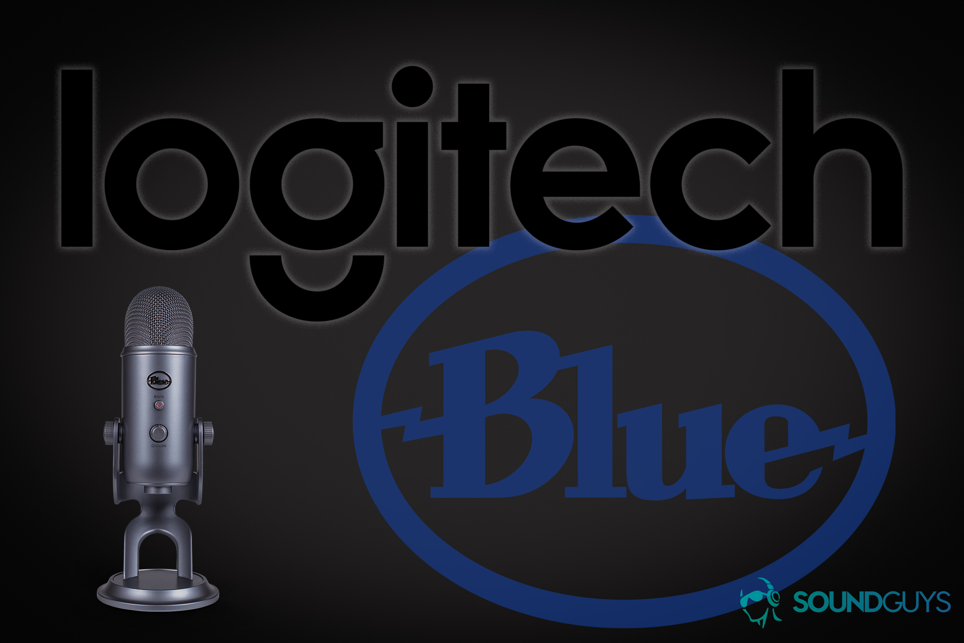 An image showing the logos of Logitech and Blue Microphones, flanked by the Blue Yeti microphone.