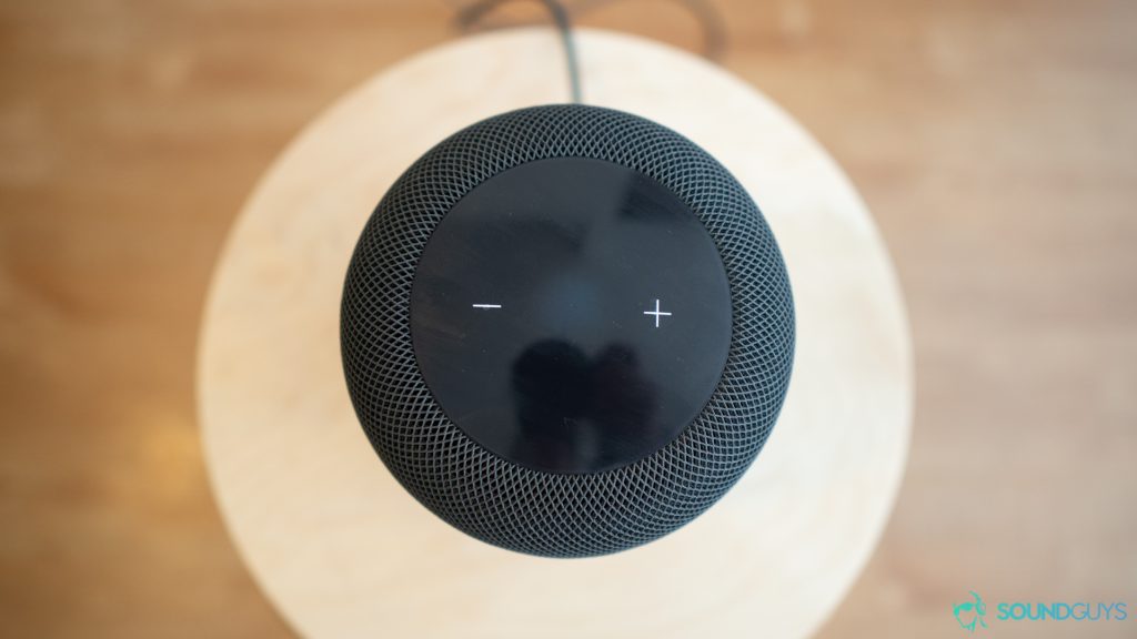 The Apple Homepod has a plus or minus sign for adjusting volume.