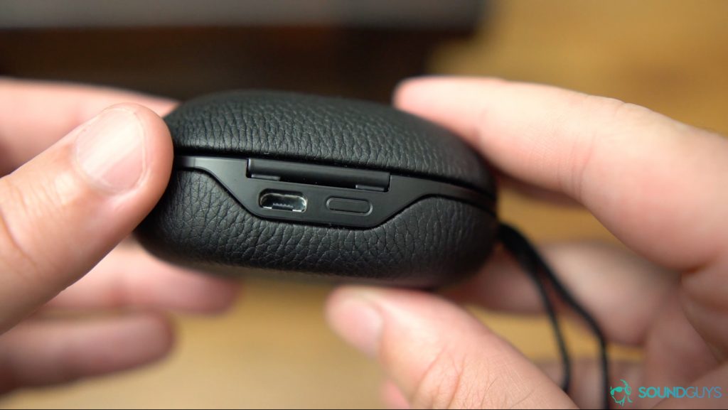 Close-up shot of the micro-USB input on the back of the charging case.