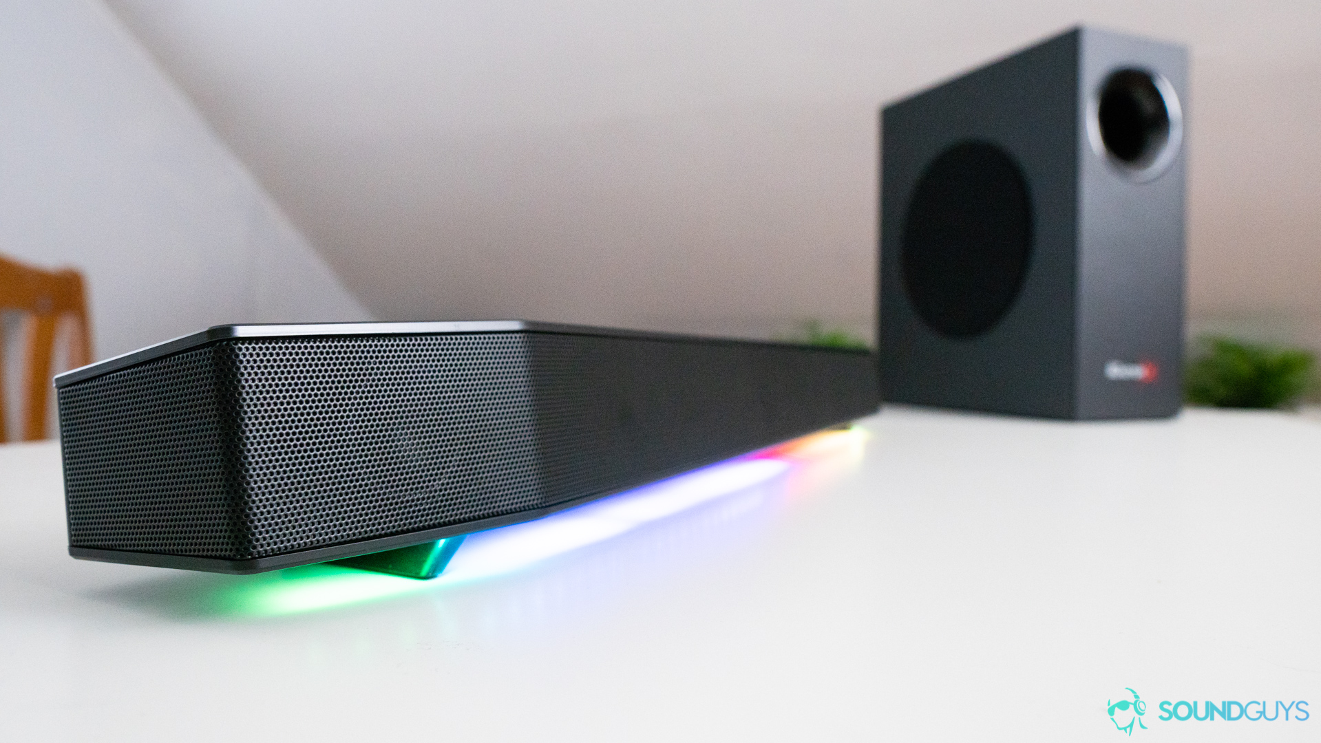 The Creative Sound BlasterX Katana has colorful lighting underneath.