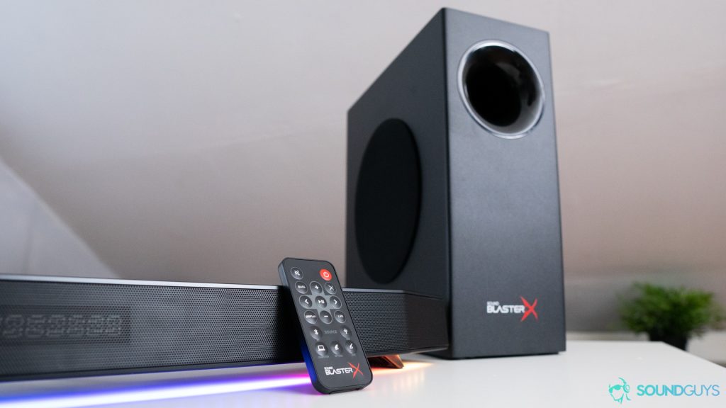 Pictured is the entire Creative Sound BlasterX Katana setup on a desk. 