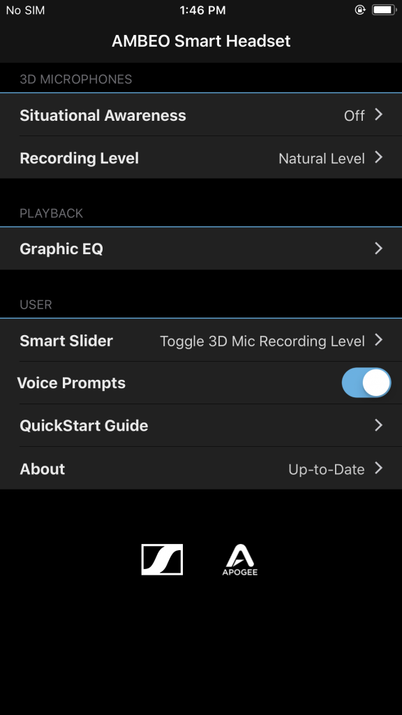 Sennheiser Ambeo Headset screenshot of the app main menu.