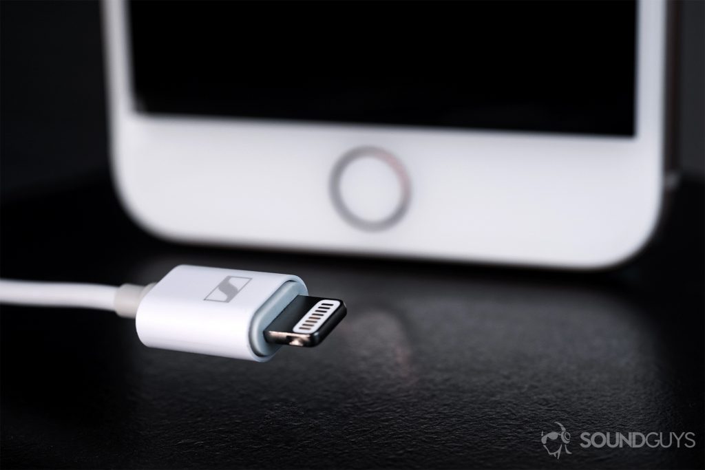 Sennheiser Ambeo Headset: A close-up of the Lightning connector with an iPhone 8 Plus in the background.