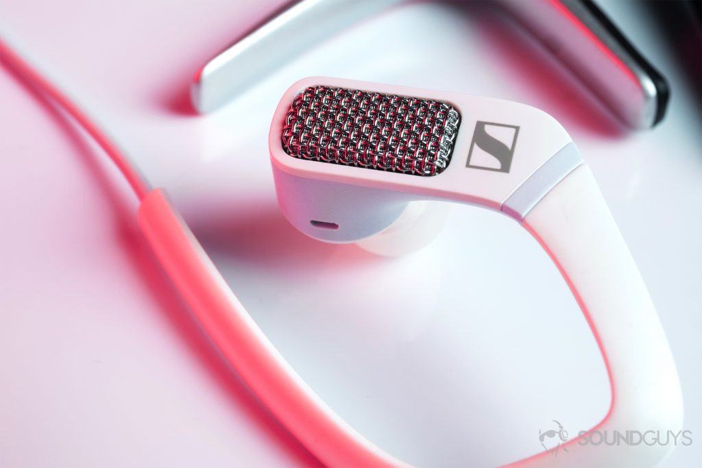 Sennheiser Ambeo Headset: A close-up of the left earbud to show the grill covering one of the two mics for 3D recording.