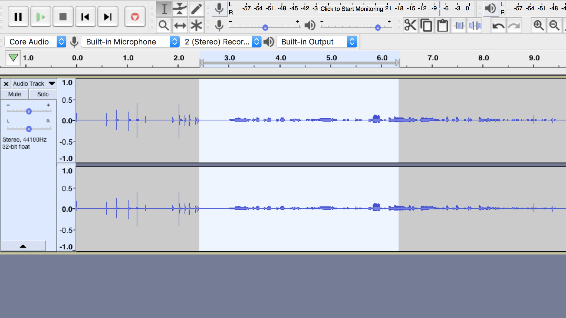 A screenshot of Audacity's interface used for home studio recording.