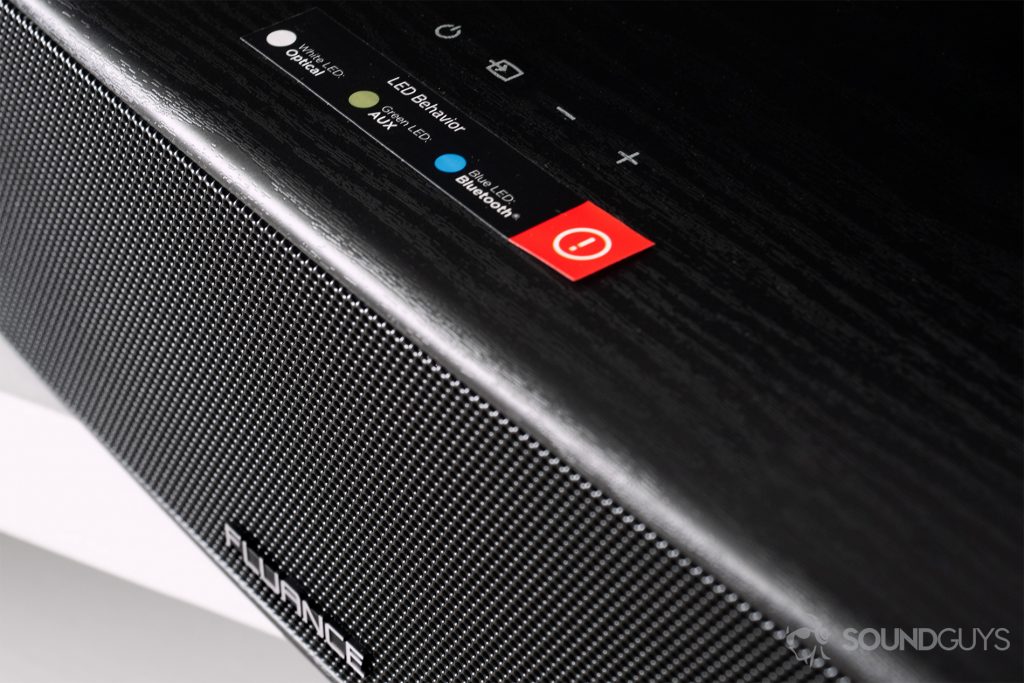 Fluance AB40 review: Downward angle image of the soundbase showing the four touch controls up top.