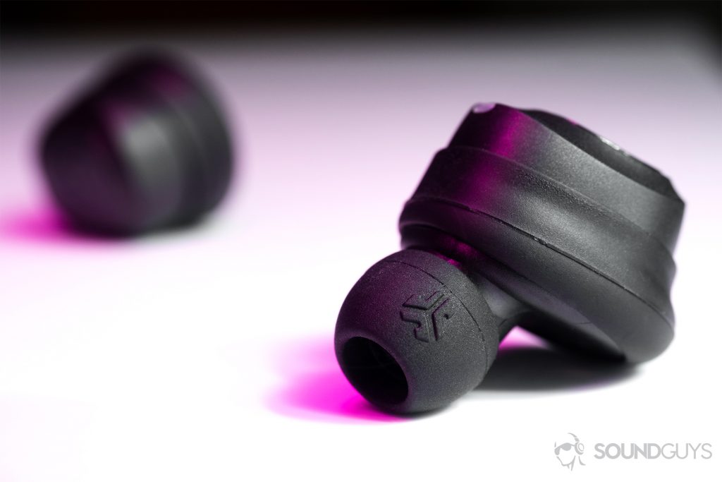 JLab JBuds Air true wireless: A close-up of the earbuds showing the JLab logo on the ear tips.