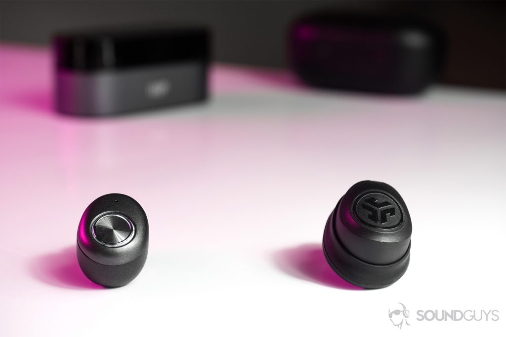 JLab JBuds Air true wireless: The earbuds to the right of the Monoprice 30878 True Wireless earbuds.