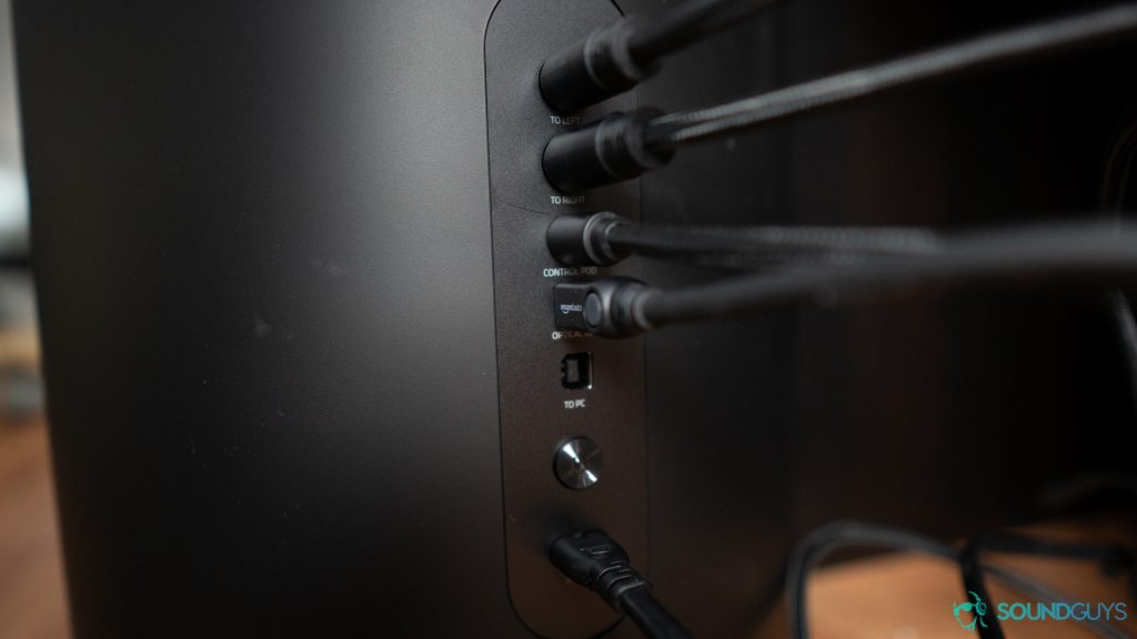 Pictured are the inputs on the back of the sub that comes with the Razer Nommo Pro.