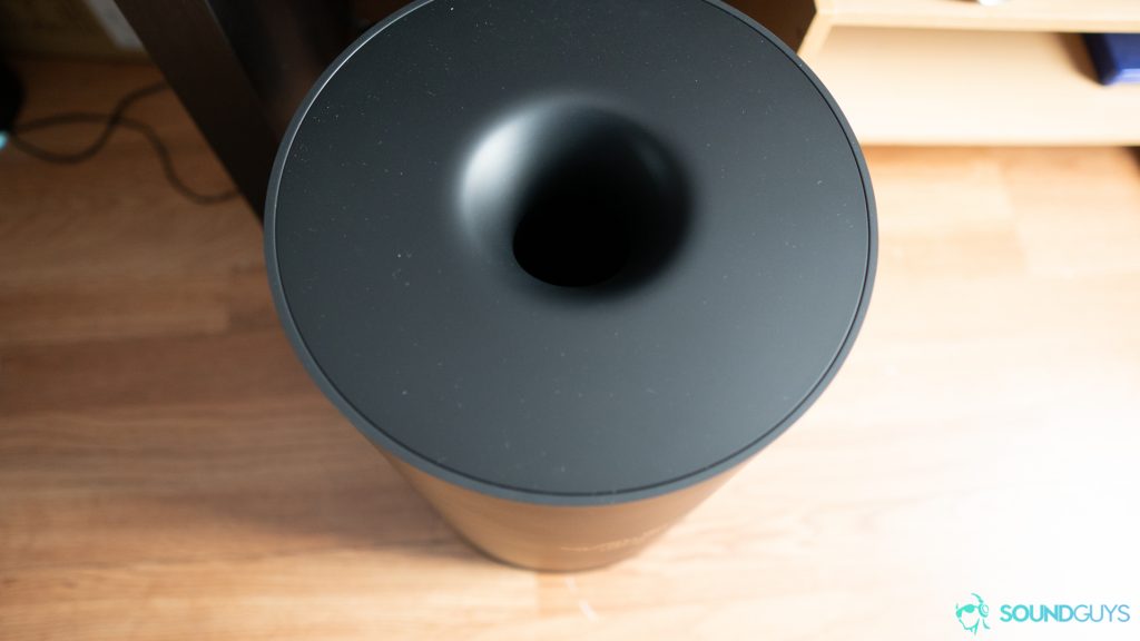 The subwoofer of the Razer Nommo Pro on the floor.