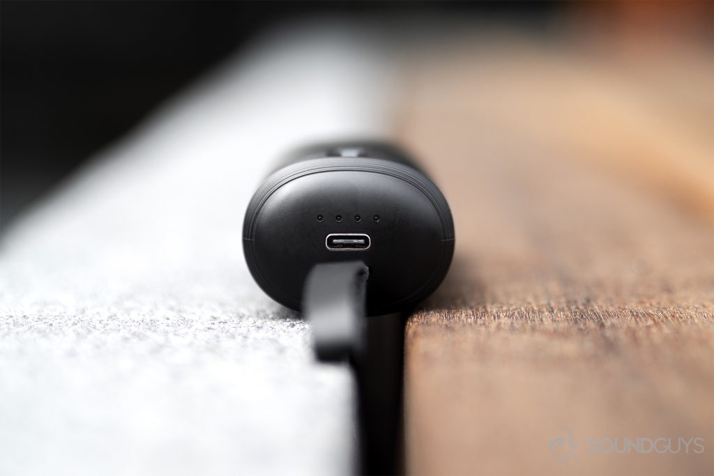 Rowkin Ascent Charge+ review: An ant's-eye-view of the charging case, focusing on the USB-C input.