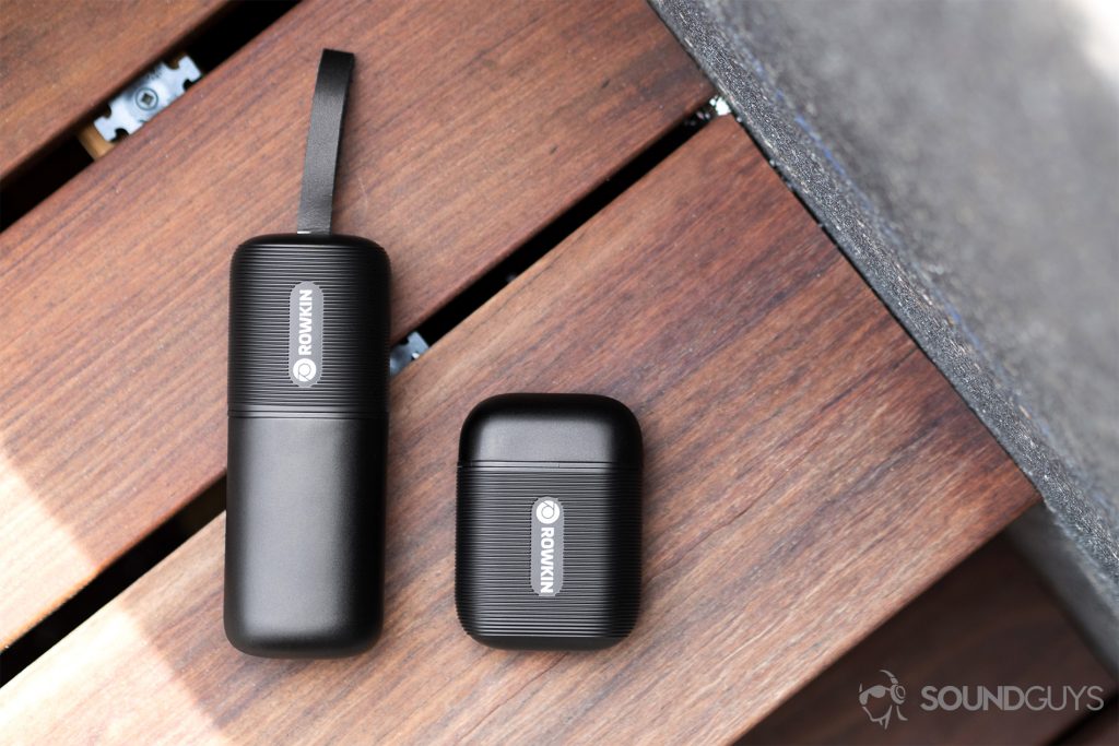 best true wireless earbuds under $100 - Rowkin Ascent Charge+ review: An overhead image of the Rowkin Ascent Charge+ next to the Ascent Micro charging case.