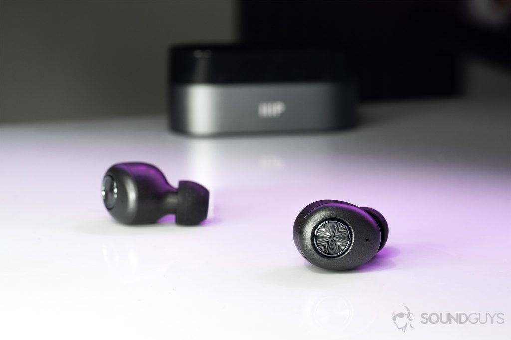 Monoprice True Wireless: An image of the earbuds on a table with the charging case closed in the background.
