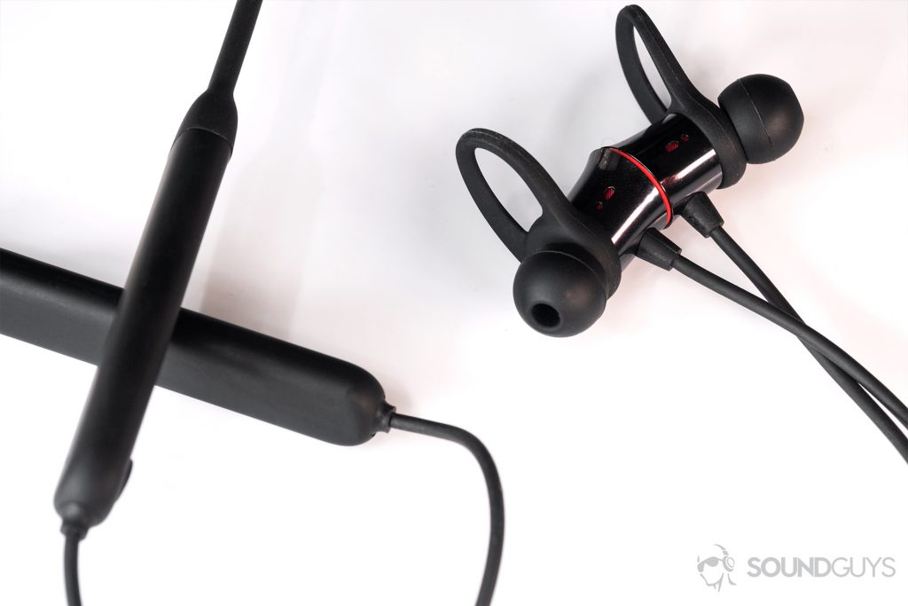 USB-C headphones A top-down image of the earbuds and the neckband.