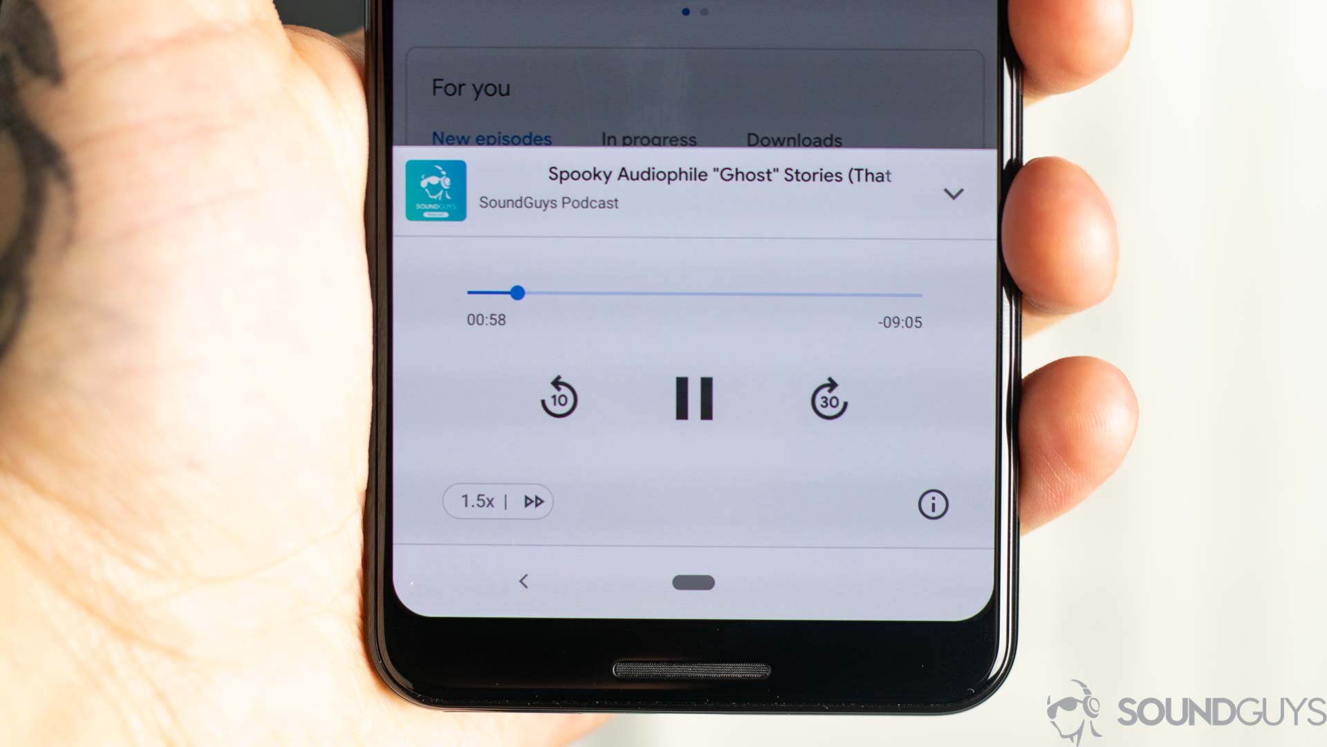Close-up of the playback controls of the Google Podcast app. 