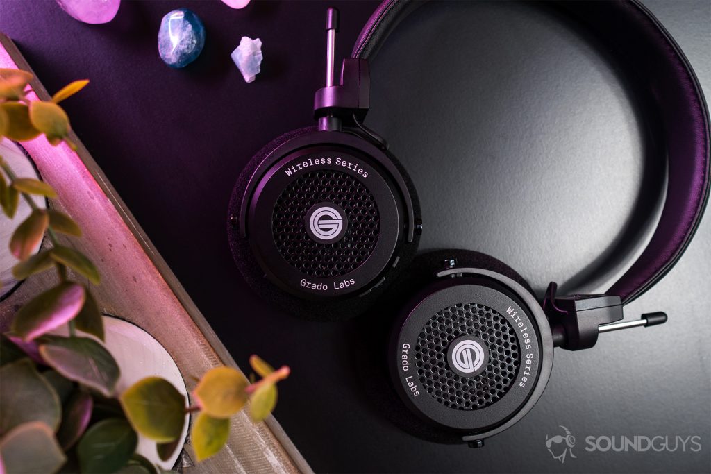 Grado GW100: A top-down image of the headphones laying flat on a black table.