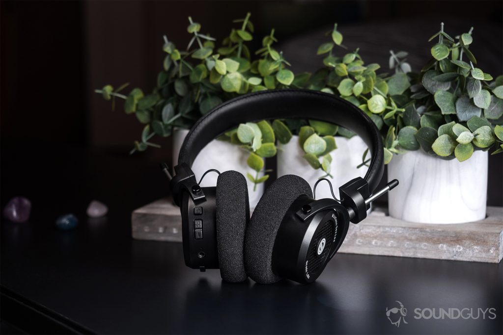 Grado GW100: The headphones leaning against a three-set of fake tabletop plants (black surface).