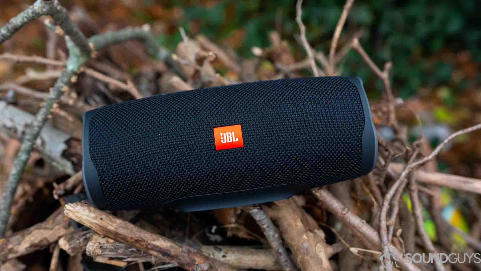 Pictured is the all-black JBL Charge 4 from the front on a pile of wooden sticks. 