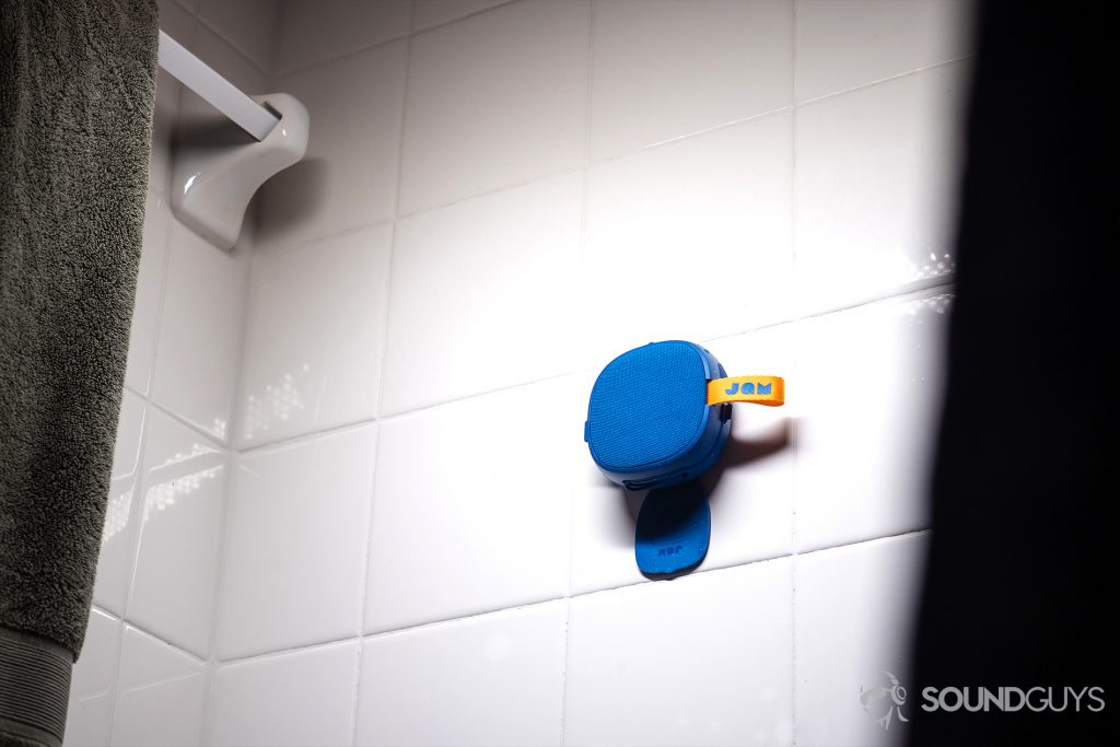 Jam Hang Up shower speaker: The speaker suctioned against a tiled bathroom wall in the shower.