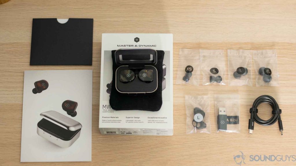 The contents of the MW07 earbuds from Master & Dynamic
