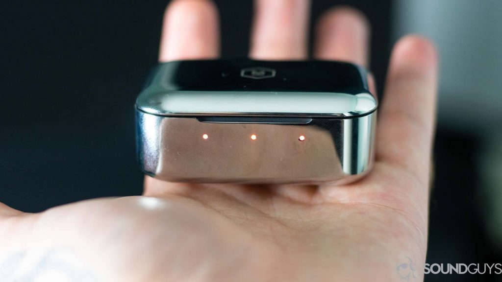 Google assistant headphones - close-up of the MW07 charging case in hand.