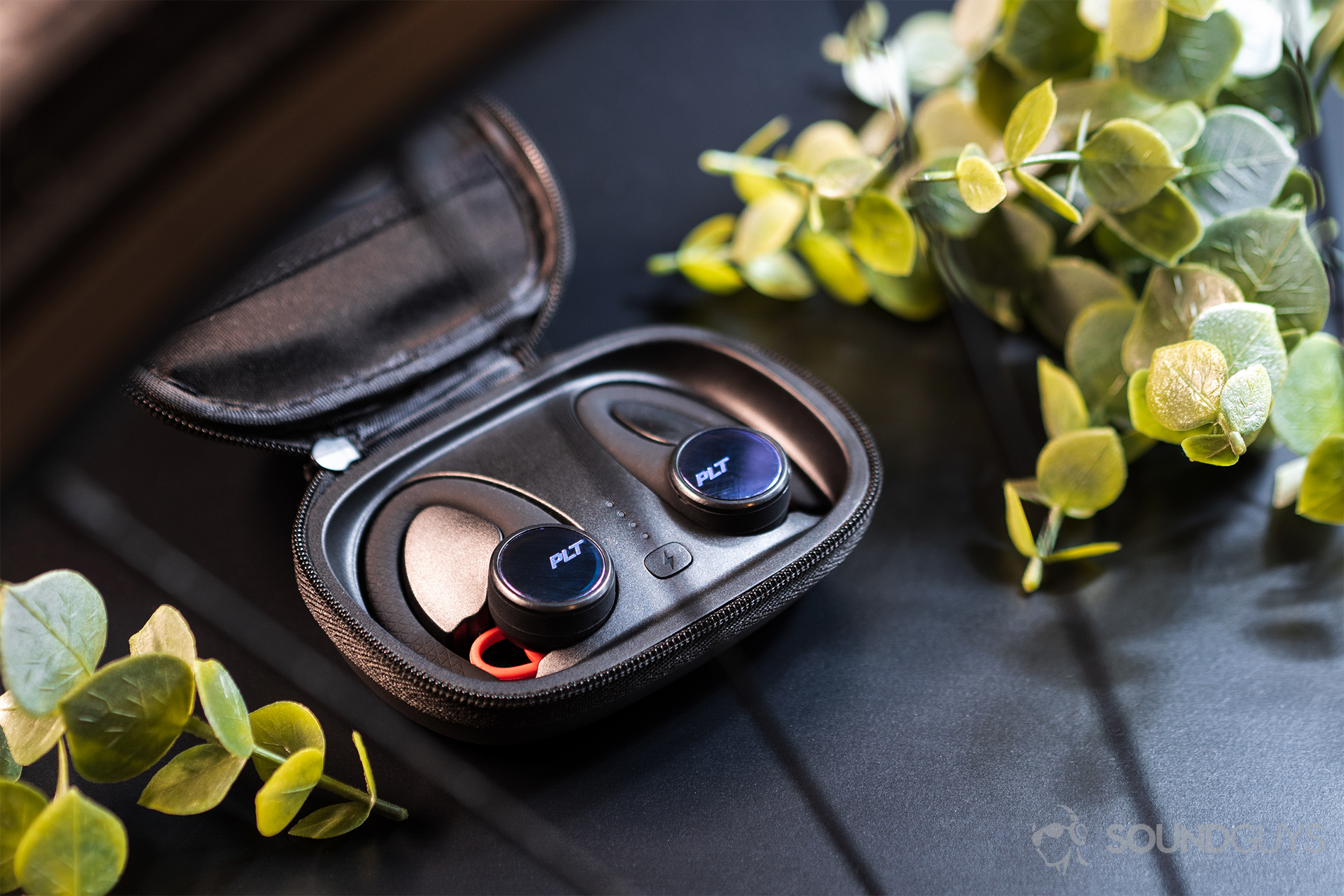 Plantronics_BackBeat Fit 3100-2 Plantronics BackBeat Fit 3100: The earbuds in the case, which lays open, and flanked by two faux greenery pieces.