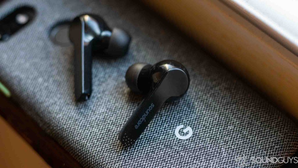 Pictured are the Anker true wireless 'buds on a Pixel 3.