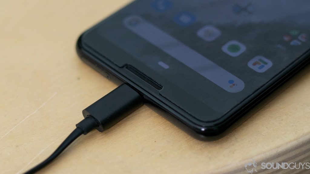 Close-up of the OnePlus Type-C Bullets plugged into the Pixel 3.
