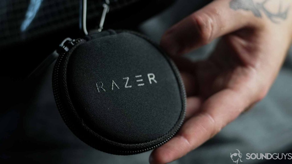Pictured is the carrying case of the Razer Hammerhead earbuds. 