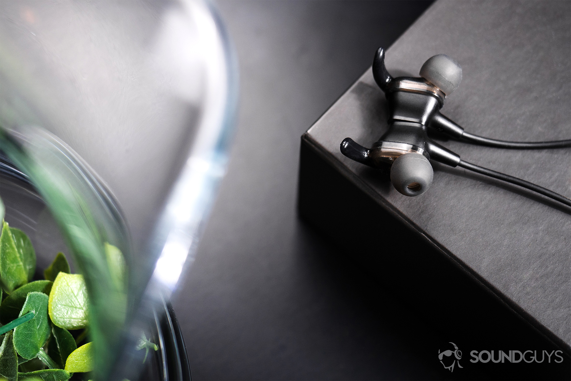 SoundPeats Engine: Top-down image of the earbuds magnetized together. The left half of the image depicts part of a glass vase.