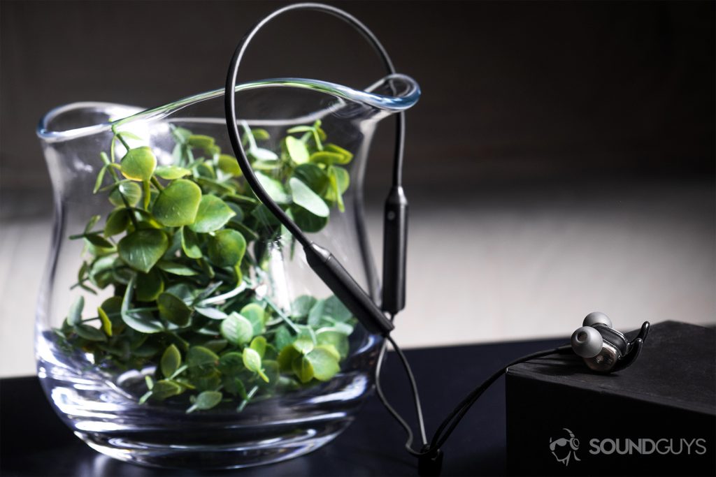 Audio gift - SoundPeats Engine: The neckband suspended from a large glass vase filled with artificial greenery and the earbud housings atop a black box.