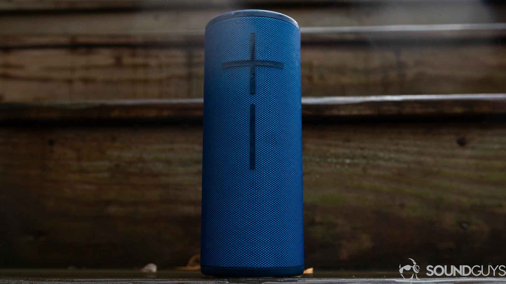 The UE Boom 3 in blue on steps.