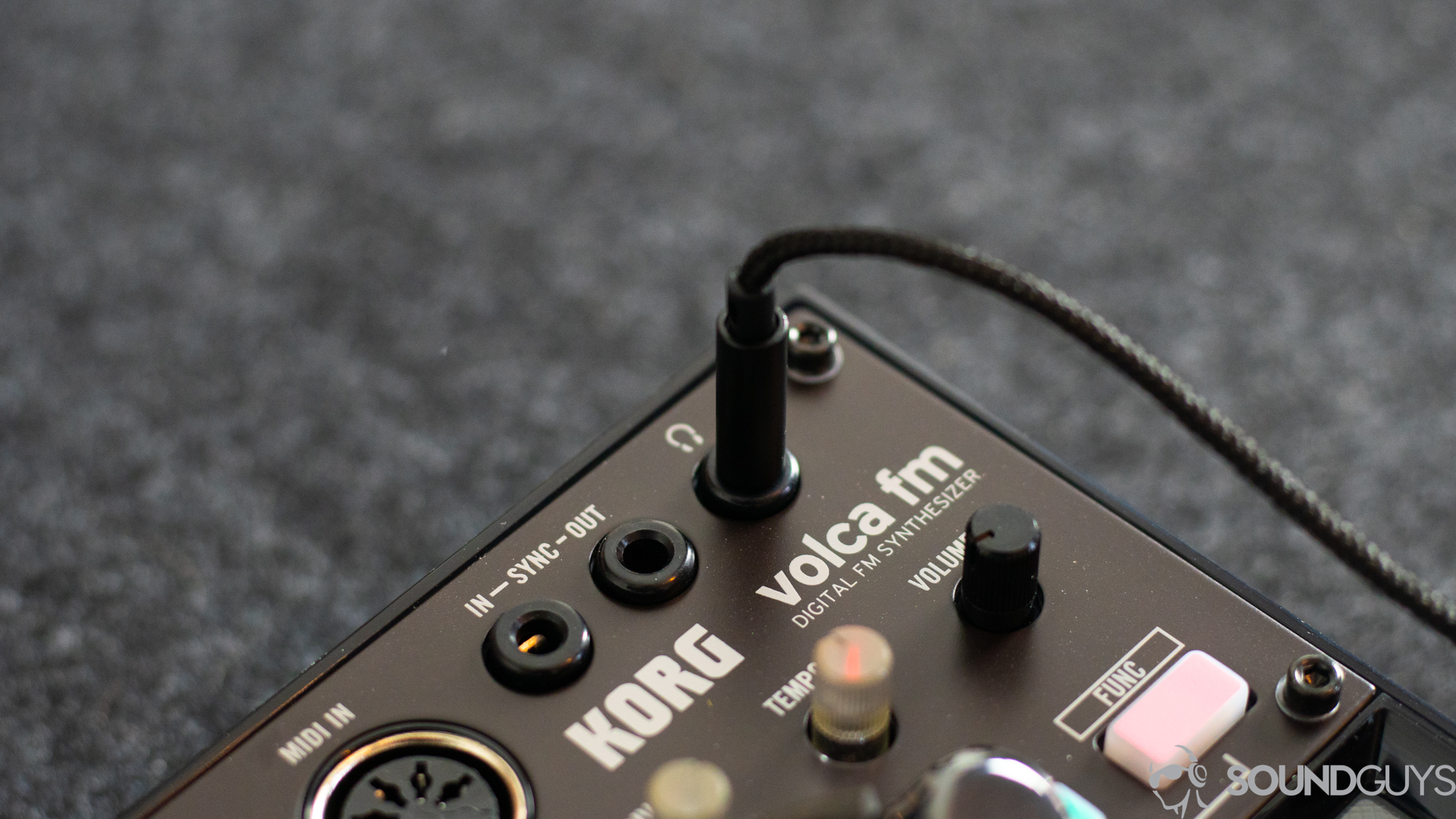 Close-up of the ADV.Sound Elise plugged into a 3.5mm input. 