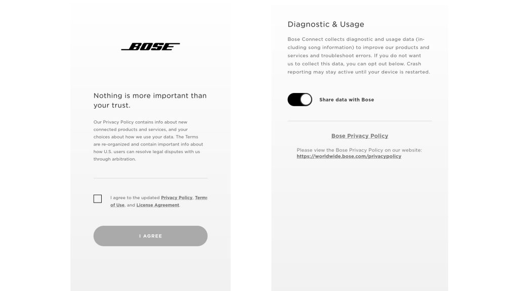 Privacy policy screenshots of the Bose Connect app. 