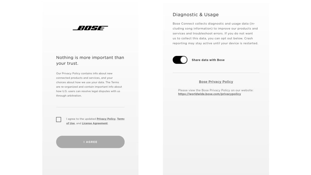 Privacy policy screenshots of the Bose Connect app.